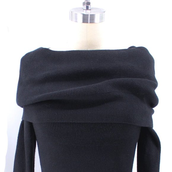 Black Off The Shoulder Sweater Ribbed Knit Adjustable Open Back Long Sleeve SZ S - Picture 3 of 15